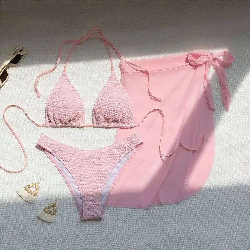Pink Solid Color 3-piece Swimsuit Women 2023 Skirt Bikini V-neck Halter Backless Bathing Suit Summer Beach Swimwear Z260206-image-1094471792