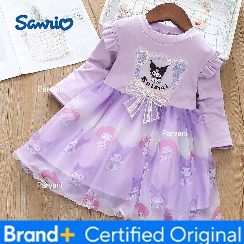 Sanrio Girls' Long Sleeved Mesh Dress Kuromi Princess Fluffy Skirt Spring Autumn New Style Children's Clothing H260206-image-1095311267