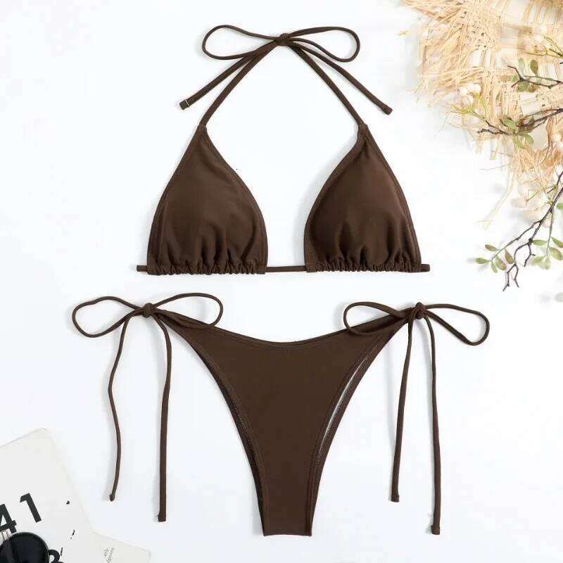 Sexy Women Thong Solid Color Bikini Set Side Halter Tie Swimsuit Ladies Split Strap Adjustable Brazilian Swimwear Beachwear Z260206-image-1094470065