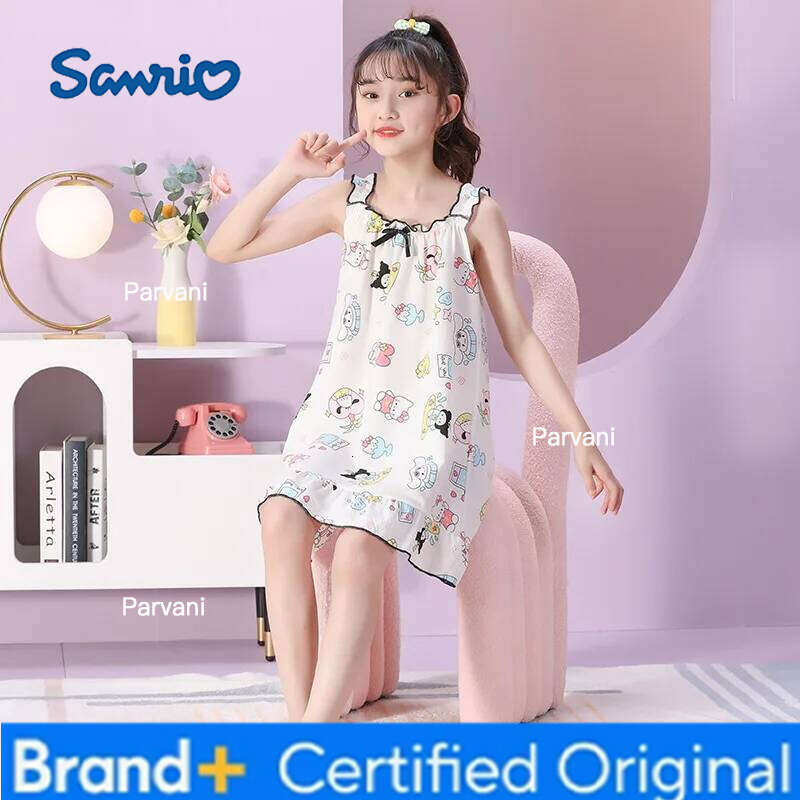 Sanrio Girls Thin Bubble Sleeping Skirt Pajamas Summer Children's Soft Cotton Nightgown Comfortable Breathable Bedding Wear for Kids H260206-image-1095310833