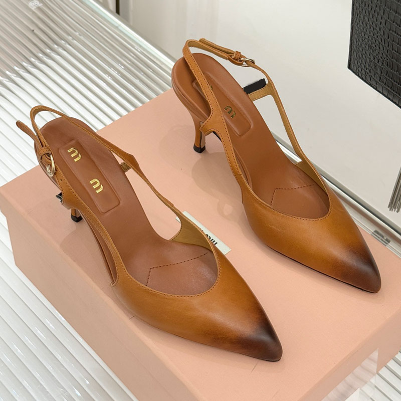 Womens Leather Slingback Pumps 5I555E Designer Luxury Sensual Reveals Calf Leather Sandals Ladie Buckle High Heels Rubber Outsole Size 35 41