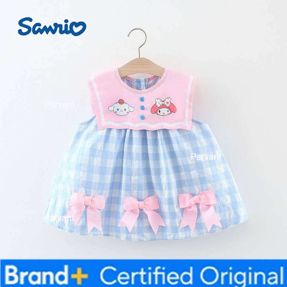 Sanrio – robe de princesse d'été pour petites filles, Style scolaire, imprimé de petits animaux, avec nœud à carreaux bleu, sans manches, légère,