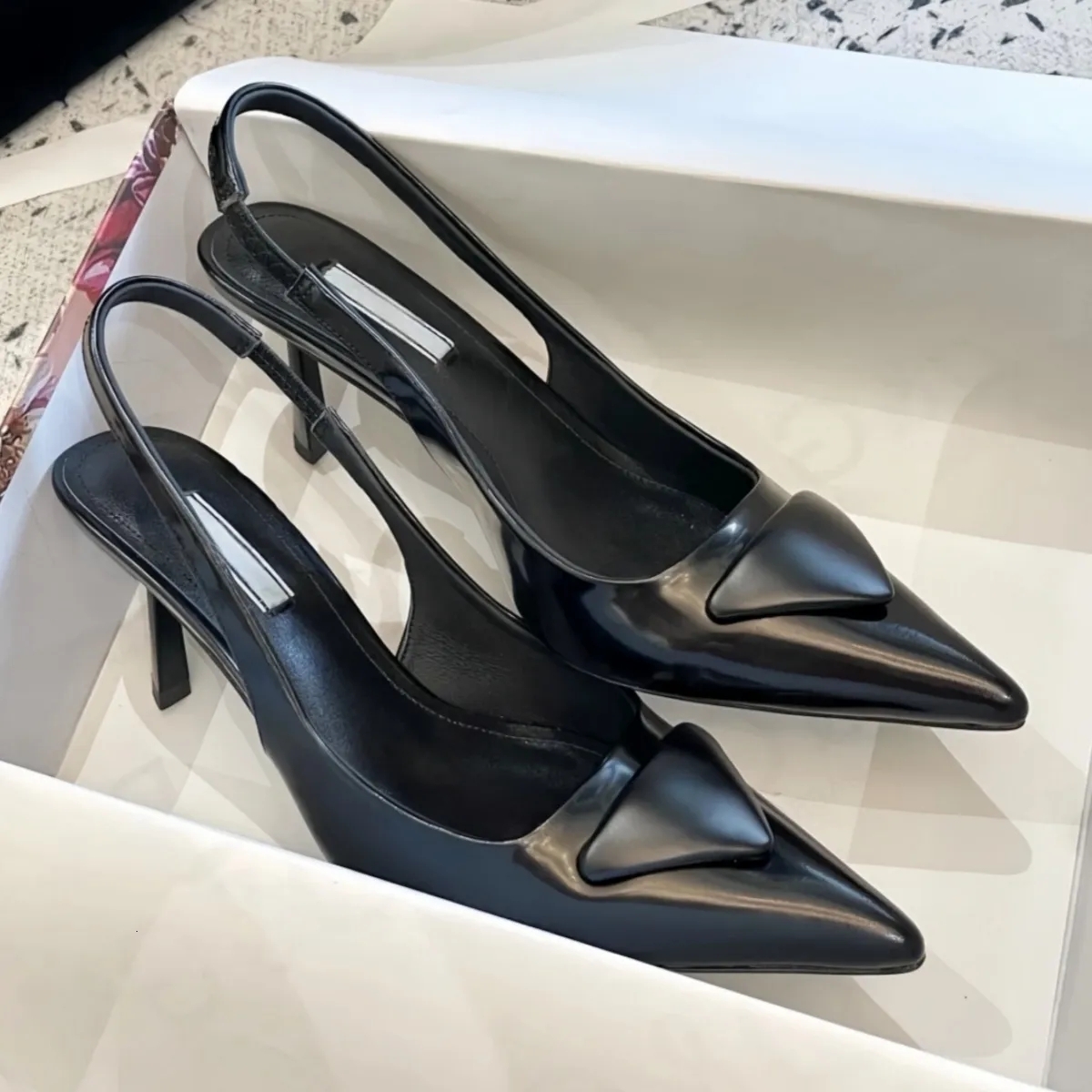 Designer heels pointed toe high heel sandals designer triangle label sexy women's shoes leather thin heel back empty back trip strap sandals si