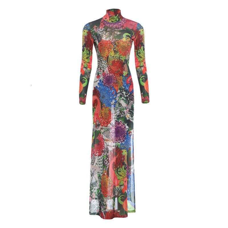 Womens Casual Dresses Sleeveless Printed Long Sleeve High Neck Maxi Dress With Vibrant Floral Pattern And Flowy Silhouette For Daily Commute