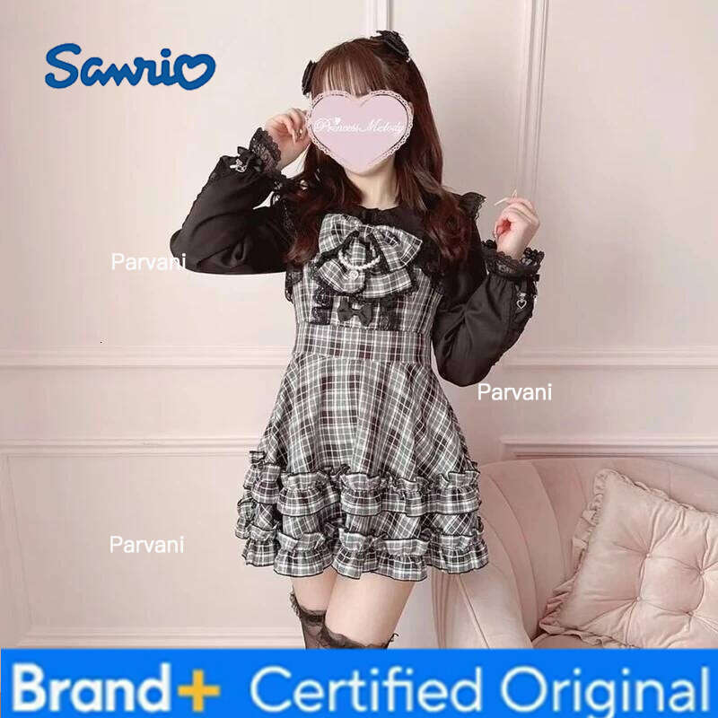 Sanrio Japanese Sweet and Cute Style Lace Bow Plaid Suspender Dress Summer New High-waisted Slim-fitting Sleeveless Short Dresses H260206