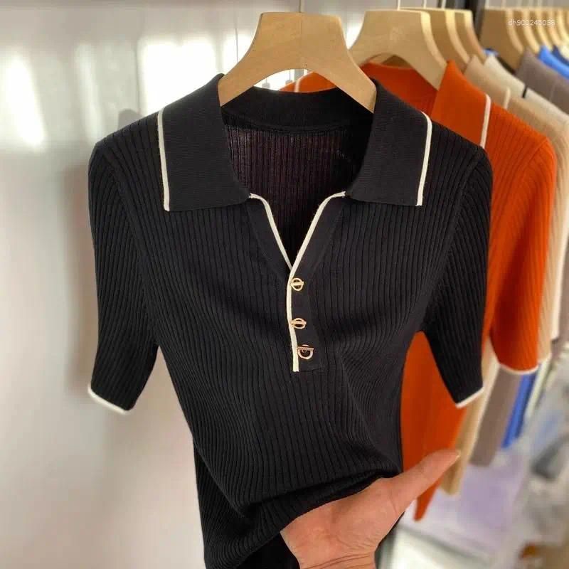 Women's Sweaters Knitted Pullover Fashion Short Sleeve Patchwork Sweater Top Elegant Slim Contrast Lapel Shirts