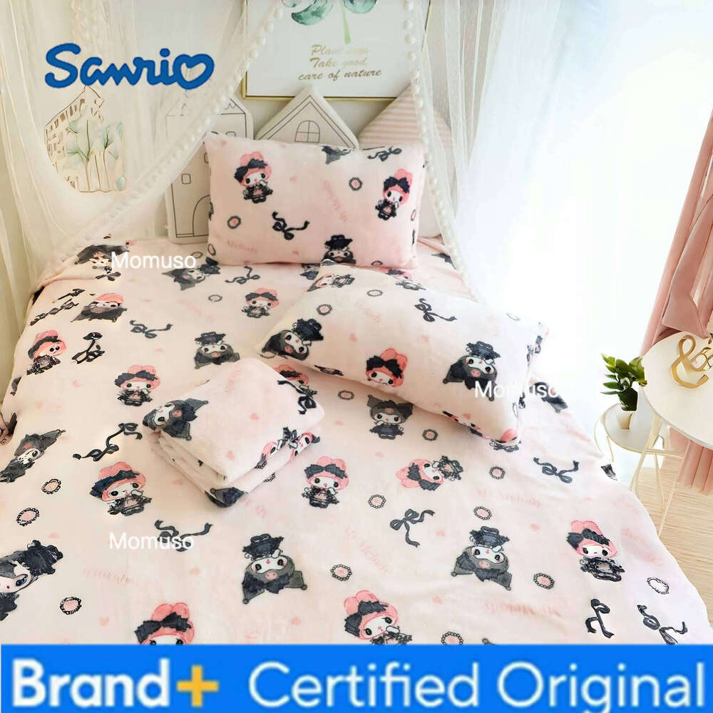Sanrio Lolita My Melody Kuromi Cartoon Pattern Printing Warm Pillowcase Singe Size Flannel Blanket Bedspread Bedroom H260206-image-1095084513
