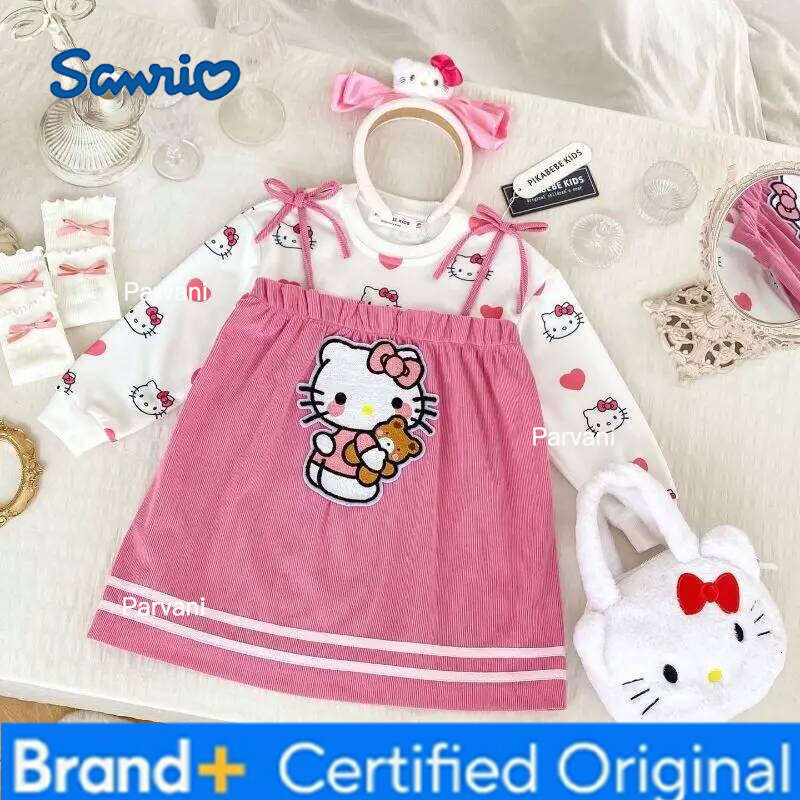 Sanrio Autumn Baby Girls Cute Hello Kitty Sweet Top & Dress 2pcs Kid Children Long Sleeve Clothes Cartoon Pink Princess Dresses H260206-image-1095309766