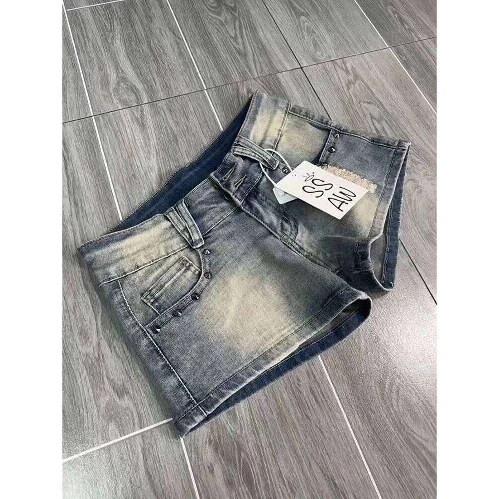 HOUZHOU Vintage Y2k Denim Women Sexy Blue Gothic Low Waist Shorts Female Punk Retro Summer Streetwear Short Jeans Slim Up XJ260206-image-1094400814