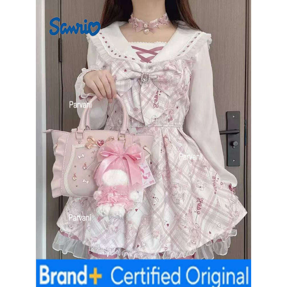 Sanrio 2025 Japanese Sweet Lolita Kawaii Women Spring Printed Bow Fake Two Piece Dress Female Korea Style Design Party Clothing H2602061-image-1095312002