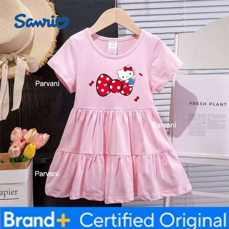 Sanrio Summer Baby Girls Solid Cotton Dress Kid Children Hello Kitty Printed Short Sleeve Clothes Cartoon Cute Princess Dresses H260206111-image-1095312152