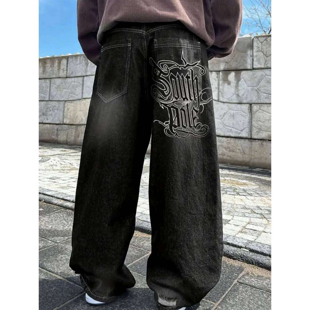 Y2K Gothic Aesthetic Baggy Jeans Men Women South Pole Embroidered Vintage Denim Pants, Techwear Streetwear Wide Leg Trousers 26H0421