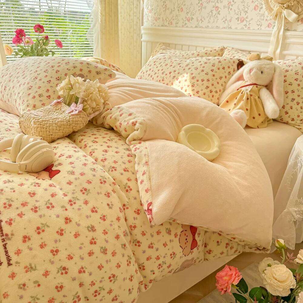 Printed Thicken Milk Coral Fleece Bedding Winter Comforte Warm Bedroom Decor Quilt Cover Bed Sheet Pillowcase Four-Piece Set S260207-image-1094527628