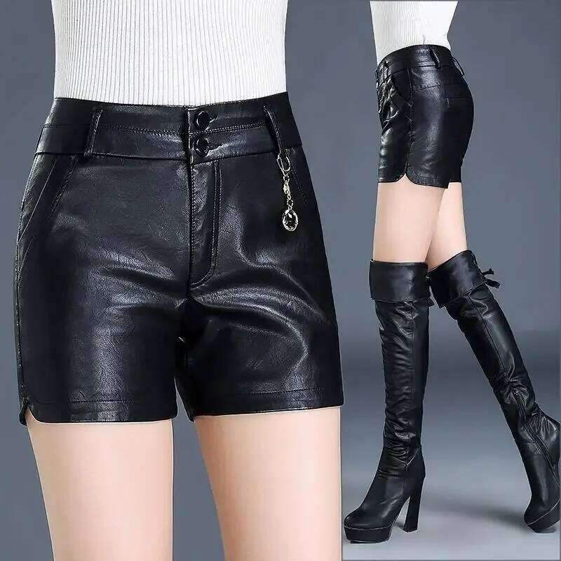 Women High Waist PU Shorts Women's Black Spring, Autumn And Winter Straight Leather Boot Pants Ropa Mujer H260207-image-1094511013