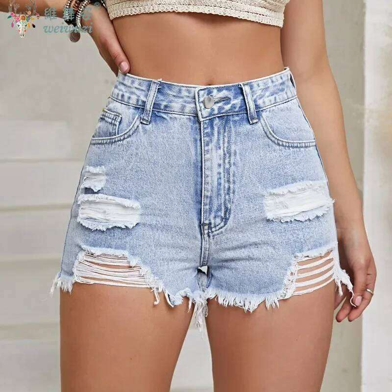 Y2K Women's Casual Fashion Slim Blue Ripped JEANS Holes Summer Quality High Waist Pants Pocket Tassel Denim Shorts H260207-image-1094510476