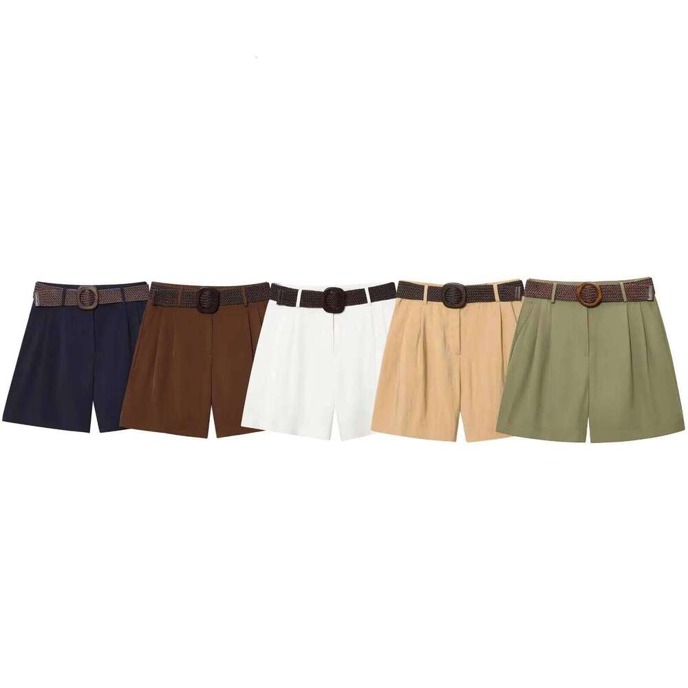 2025 new summer women's clothing casual fashion simple loose retro French design pleated with belt wide leg shorts H260207-image-1094511025