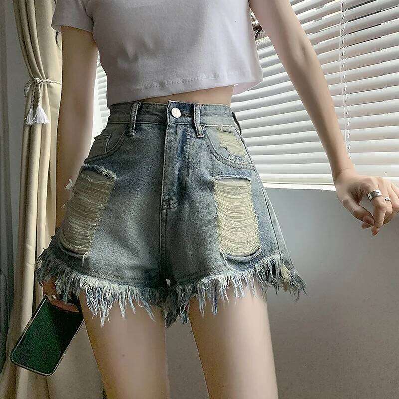 Street Personality Washed Ripped Denim Shorts. New Summer Fashion Retro "Make Old" Loose High-waisted A-line Shorts for Women H260207-image-1094510223
