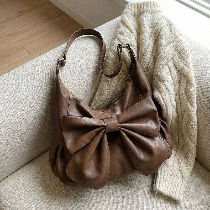 Retro Pu Leather Hobo Bag Big Bow Detail Shoulder Crossbody Bags New Casual Daily Commute Soft Texture Fashion Handbag for Women Z260207