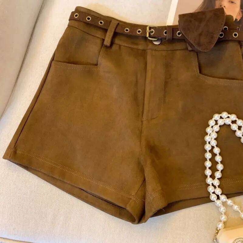 Deerskin Personalized Shorts for Women Autumn Style High-waisted Wide-leg with Hip-covering Pants Waist Bag H260207-image-1094511295