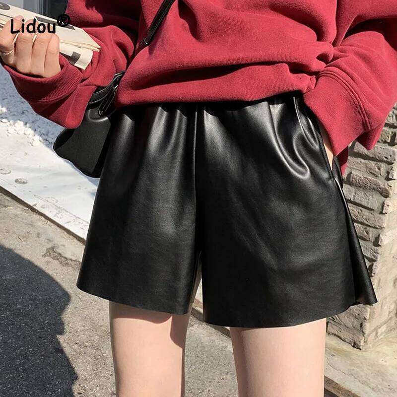 2023 Autumn Winter Korean Solid Color Leather Shorts Trend Women's Clothing All-match Casual Elastic High Waist Pants For Female H260207-image-1094510751