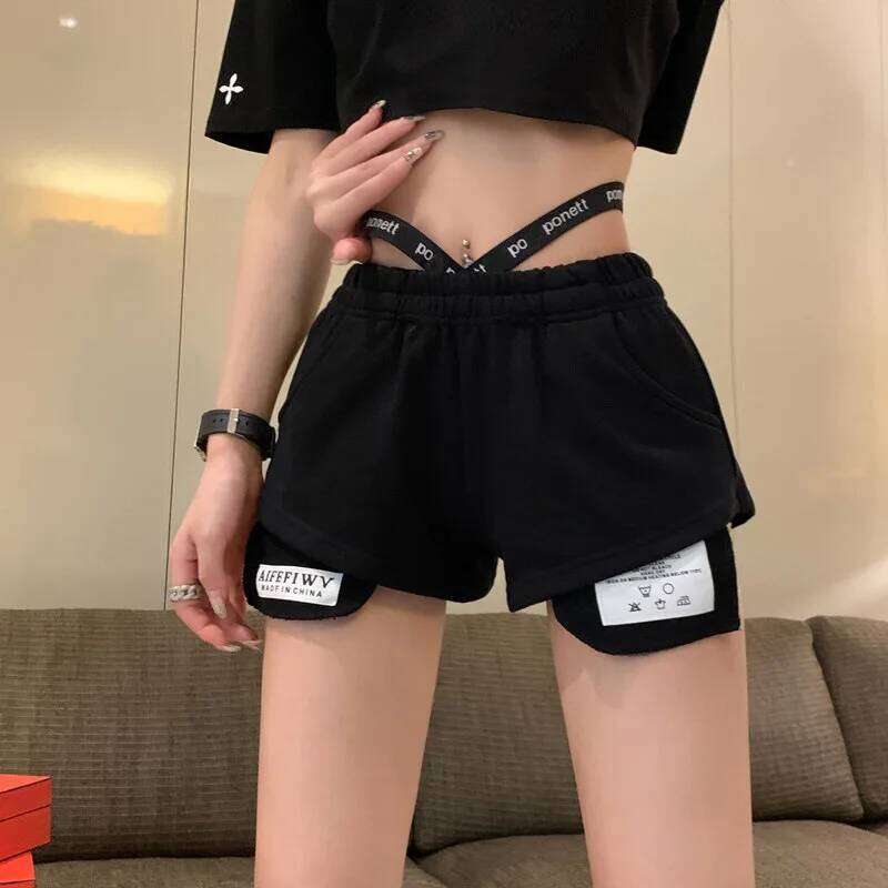 2026 Summer New Women's Casual Sports High Waist Design Letter Bandage Y2k Shorts Hot Pants H260207-image-1094511678