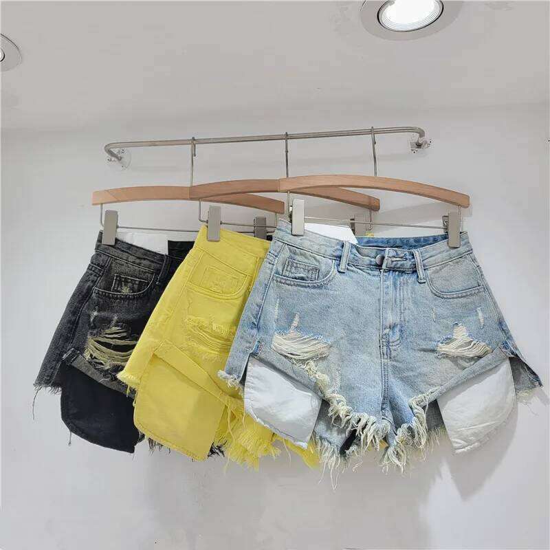2026 Summer New Light Color Perforated Design Denim Shorts Women's Wide Legs Slim Fashion Ragged Edge A-line Ropa Mujer H260207-image-1094510371