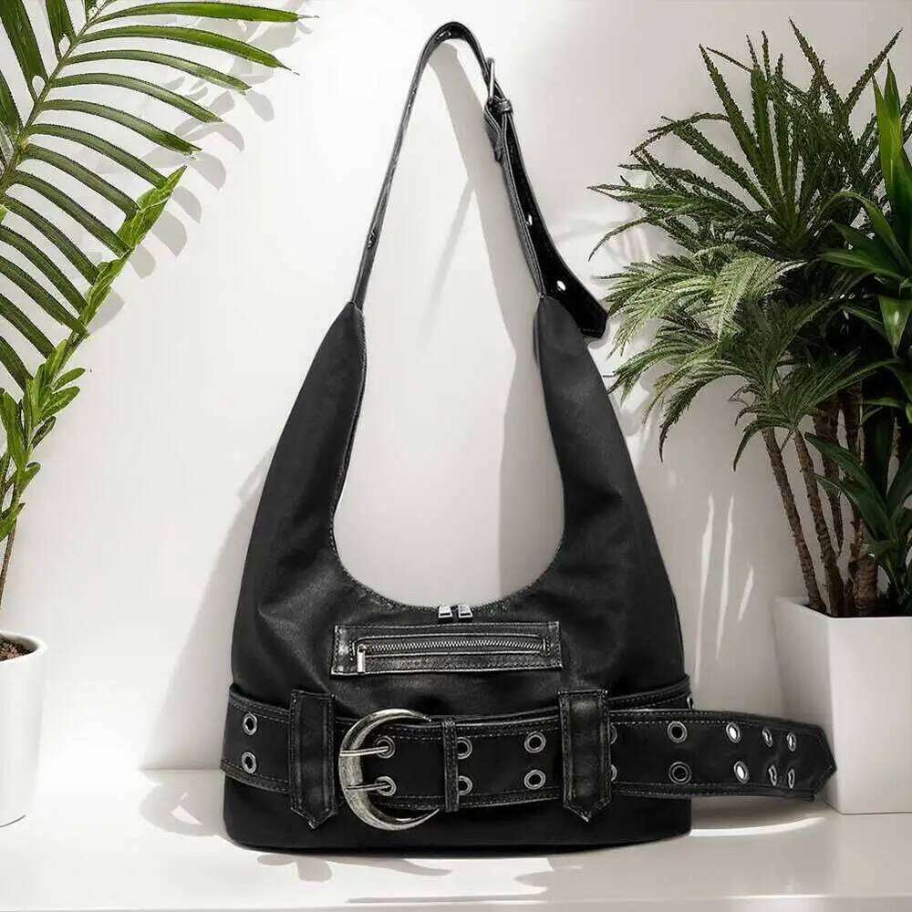 PU Leather Y2k Shoulder Adjustable Strap Belt Buckle Handbag Solid Color Motorcycle Commute Travel Shopping Tote Bag Z260207
