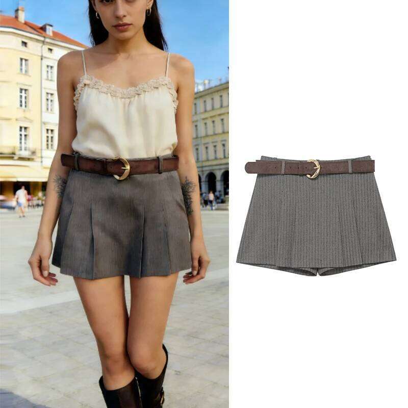 2026 Summer New Fashion Grey Striped High Waist Chic Elegant Women's Joker Travel Holiday Youth Shorts H260207-image-1094511141