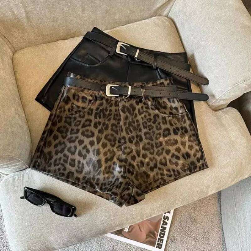 Sexy Leopard Print PU Women Black High Waist Leather Shorts with Belt H260207-image-1094510589