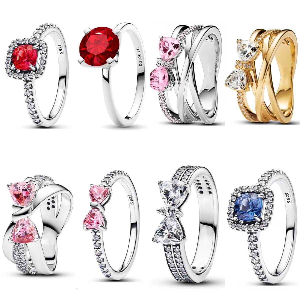 Hot Sale Rings Pink Blue Red Zircon Bow Geometry Square For Original Silver 925 Wedding Ring Jewelry Trinkets