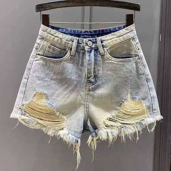 2025 New Summer Retro Straight Thin Shorts Women's Clothing Light-colored Ripped Tassel Rough Edge Denim Short Femme Jeans H260207-image-1094510516