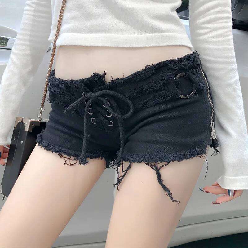 651 New Summer Europe and America Fashion Sexy Hottie Low Waist Ripped Ladies Denim Shorts Zip Up Lace-Up Hot Pants Jeans H260207-image-1094510382