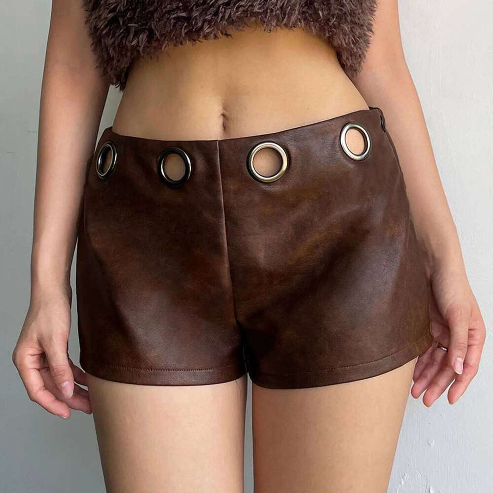 Autumn New Women's Brown Pu Leather Splicing Hole Waist Design Shorts Retro Personalized Fashion Hot Pants H260207-image-1094511945