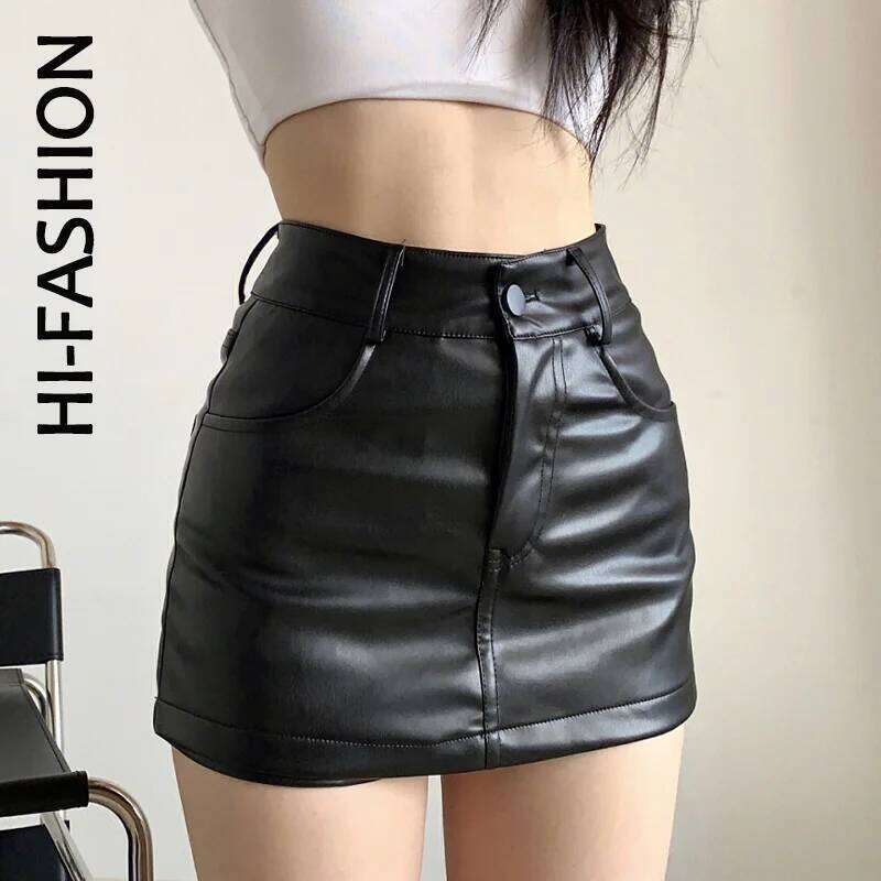 HI-FASHION Women Black High Waisted A-line Mini Skirts Chic Woman Y2K Streetwear Sexy PU Leather Shorts Skirt H260207-image-1094511251