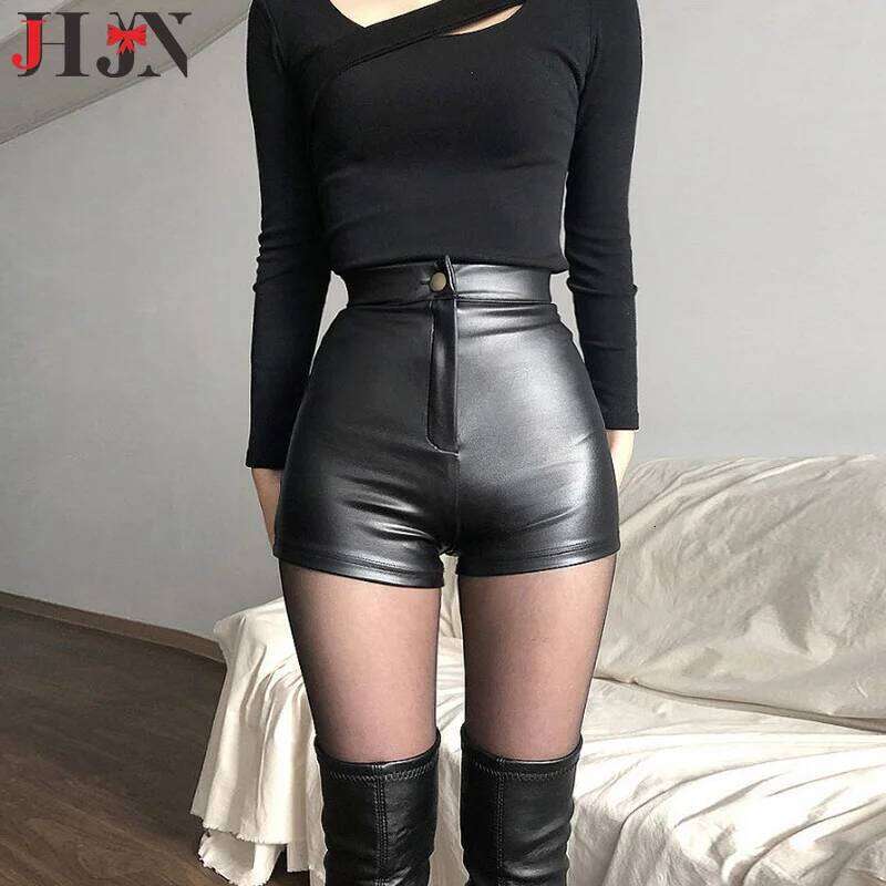 Black Shorts For Women High Waist Hip Hugging PU leather Base Elasticity Tight And Ultra Short Sexy Hot Pants H260207-image-1094511339