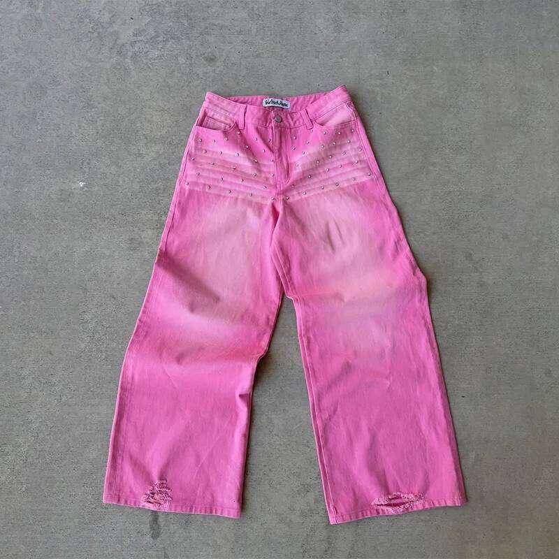Pink Gradient Rivets Decoration High Waist Vintage Distressed Hole Wide Leg Jeans Y2K Trend Men Women Casual Fashion Streetwear X260207