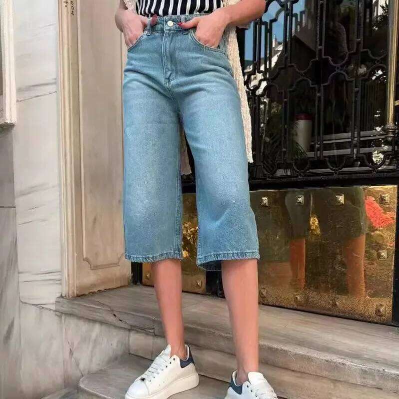 Jeans Women Denim Shorts Vintage Straight Pants Washed Distressed Mid Waist Pockets Basics Calf Length Trousers Denims H260207-image-1094509995