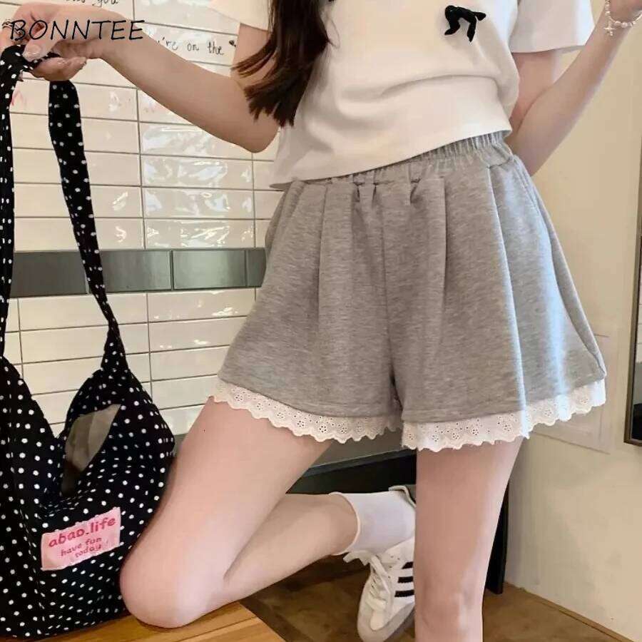 Shorts Women Lace Patchwork Solid Color High Elastic Waist Korean Fashion Sweet Casual Daily Loose Girlish Age-reducing Workout H260207-image-1094511328