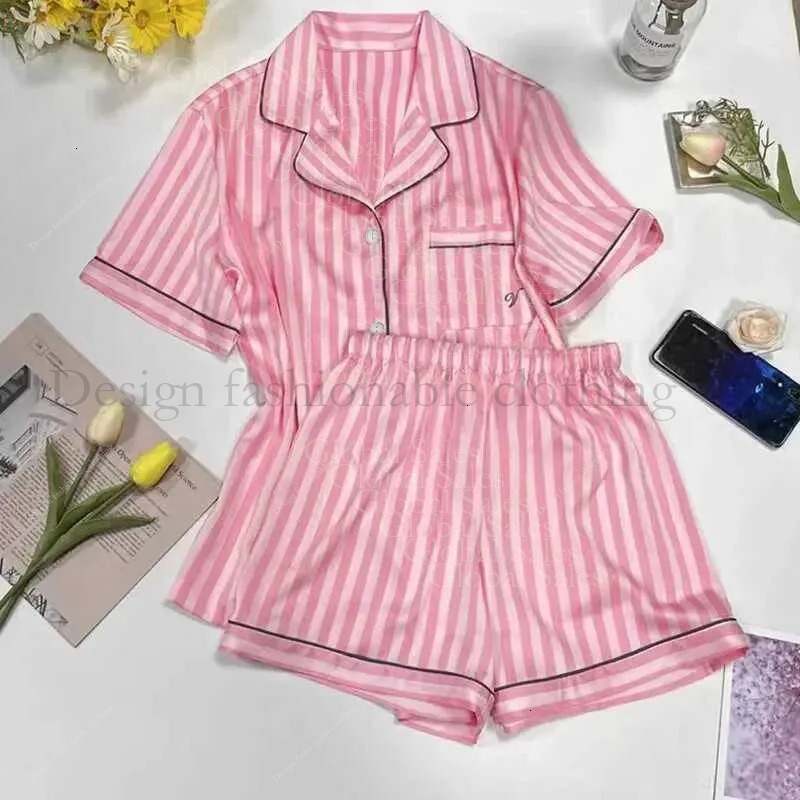 Victoriasecret Pajamas Women's Sleepwear Womens Pamas Sets Spring Autumn 2 Piece Print Striped Pyjama Faux Silk Satin Slpwear Short Se Pijama M