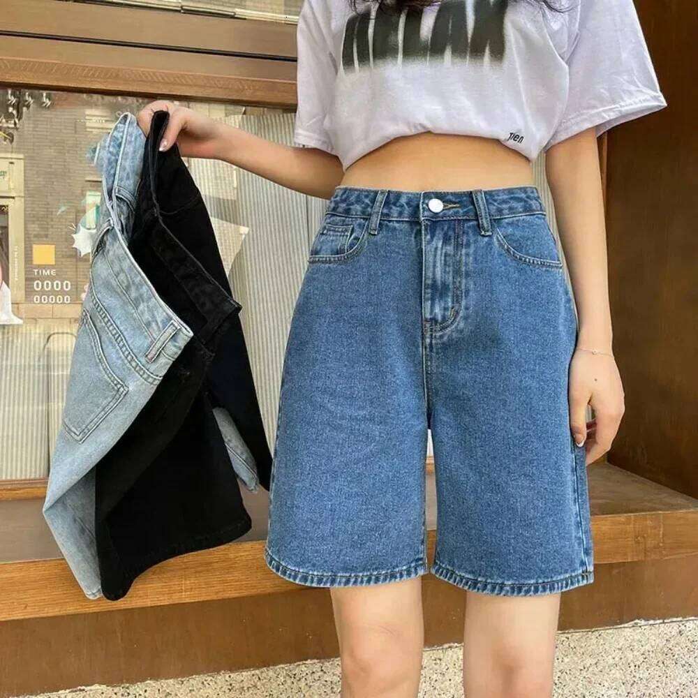 Korean Style Classic Denim Women Summer Blue High Waisted Wide Leg Pants Streetwear Stright Jeans Womens Shorts H260207-image-1094510390