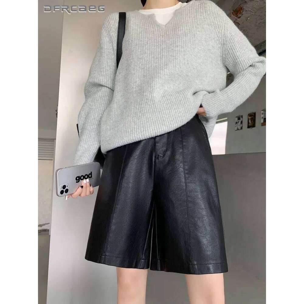 Autumn Winter Casual PU Wide Leg Short Pants For Women High Waist Loose Gray Knee Length Washed Leather Shorts Lady XJ260206-image-1094480177