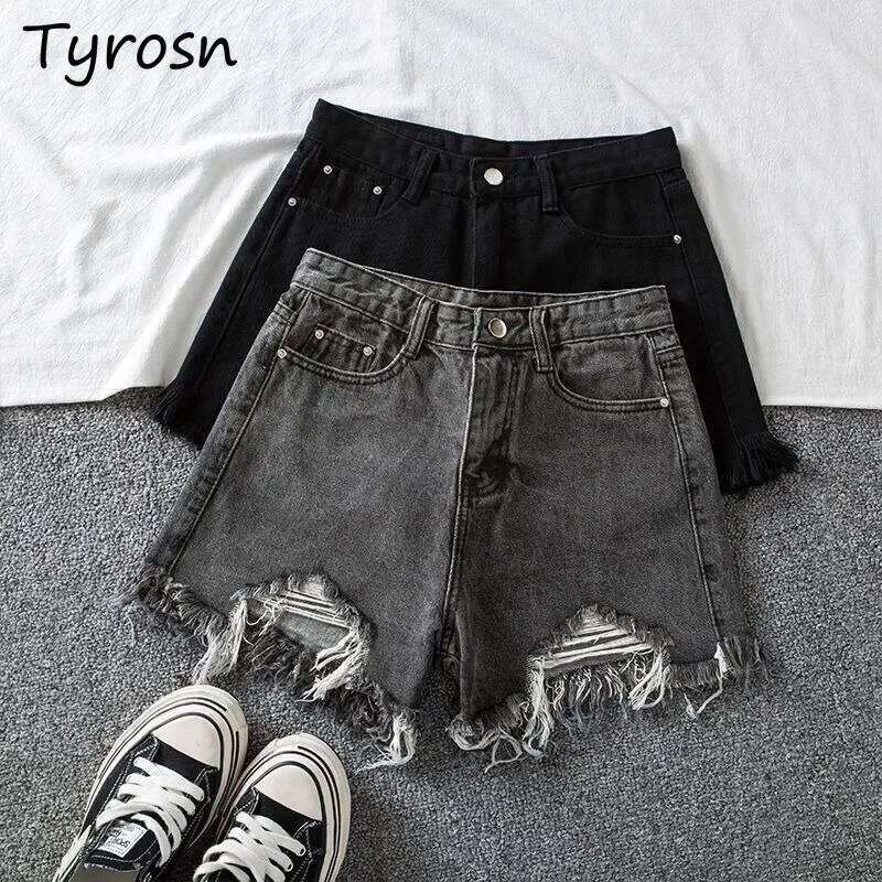 Denim Shorts Women High Waist Slender Korean Fashion Summer Frayed Buttons Zipper Tassel Loose Solid All-match Streetwear Chic H260207-image-1094510772