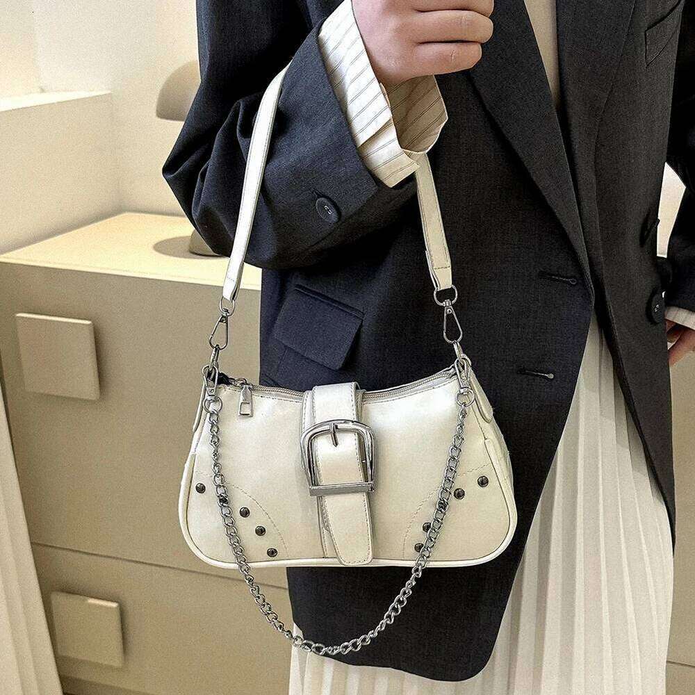 Female Grunge Shoulder Motor Gothic Y2k Chain Handbags Luxury White PU Lether Small Cool Purse Vintage Underarm Bag Z260207