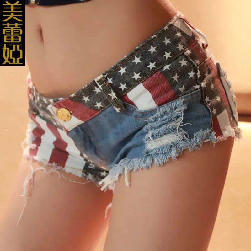 Stylish High Street Flag American Vintage Print Ripped Hip Hop Hot Girl Baggy Denim Shorts H260207-image-1094511743