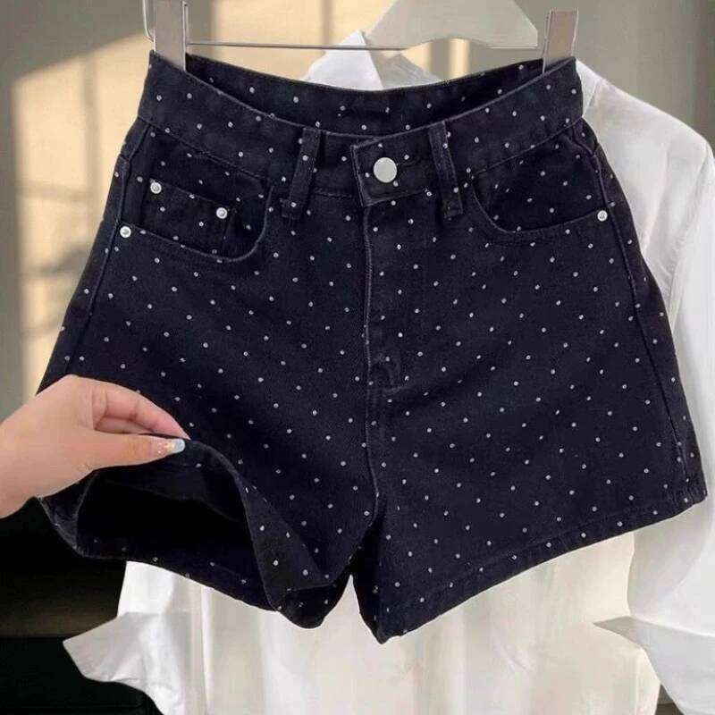 Black Polka Dot Denim Shorts Female Girl with High Waist Slimming Wide Legs A-line Hip Hot Pants H260207-image-1094510752