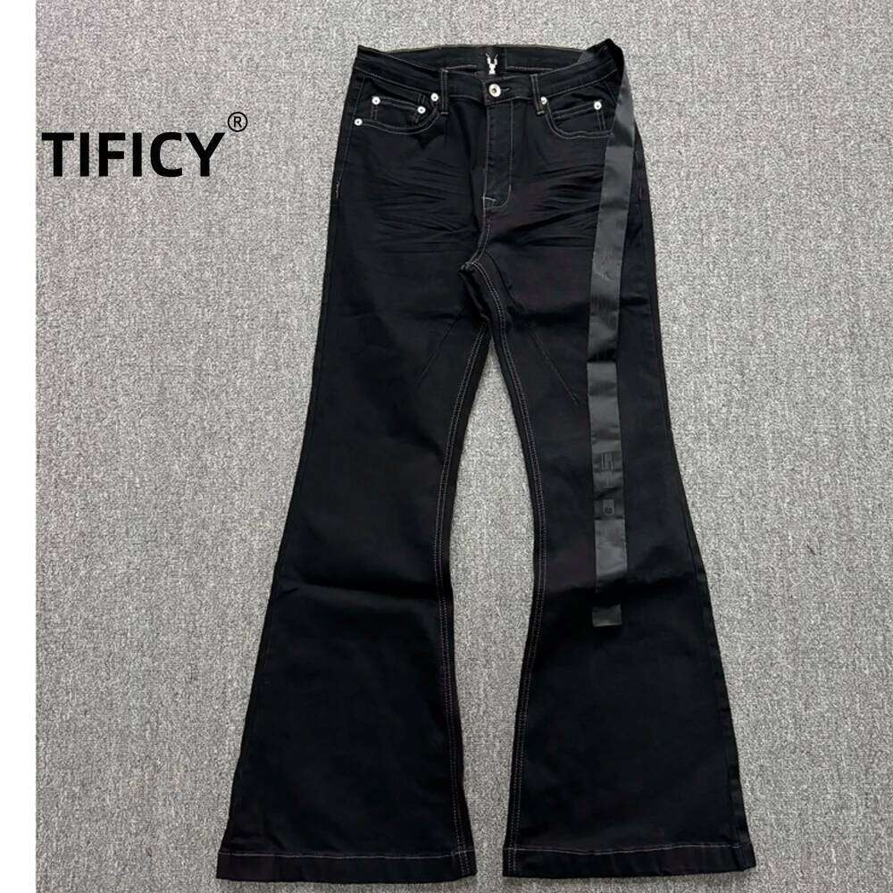 High Street RO Style Denim Men's 24SS Basic Elastic Black Ribbon Loose Flared Streetwear Casual Jeans Pants Men Clothing X260207