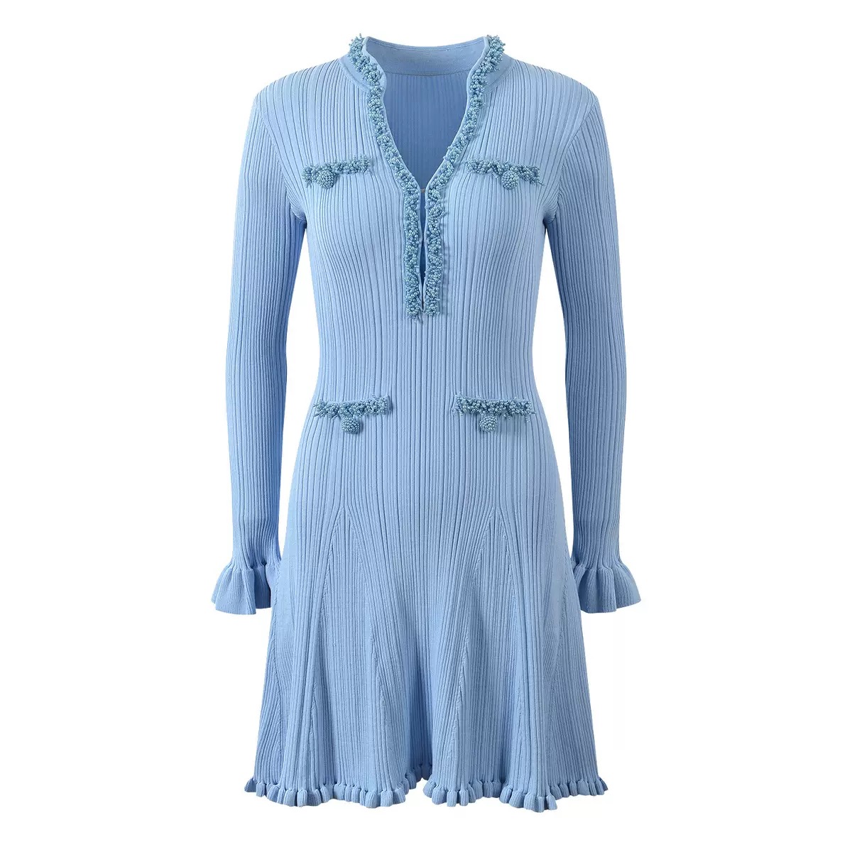 UU2201051 Robe femme automne/hiver à perles et boutons, coupe ajustée, design valorisant, manches longues bleues, jupe courte, style protège-orei