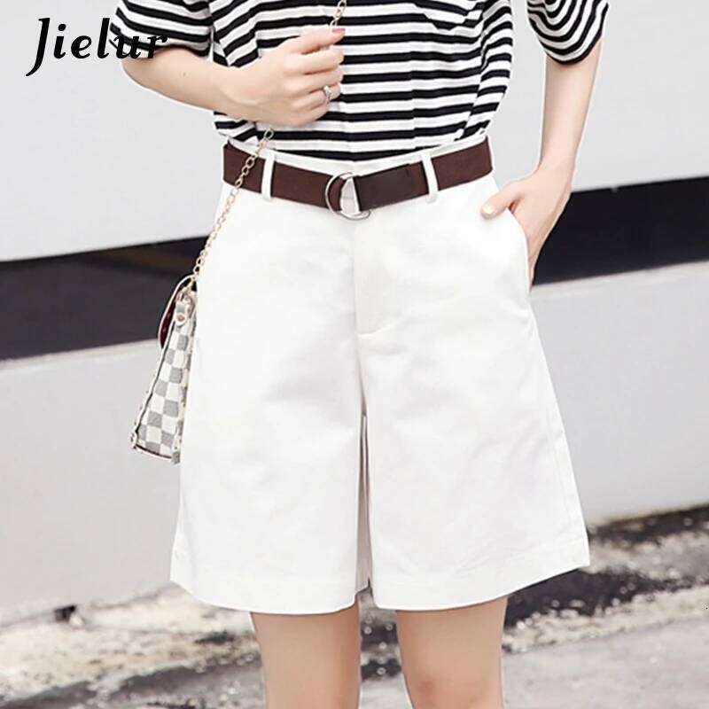 Jielur Korean Fashion Casual Summer Women Loose Wide Leg Pantalon Femme Belt Green White High Waist Shorts Female S-XXL H260207-image-1094511001