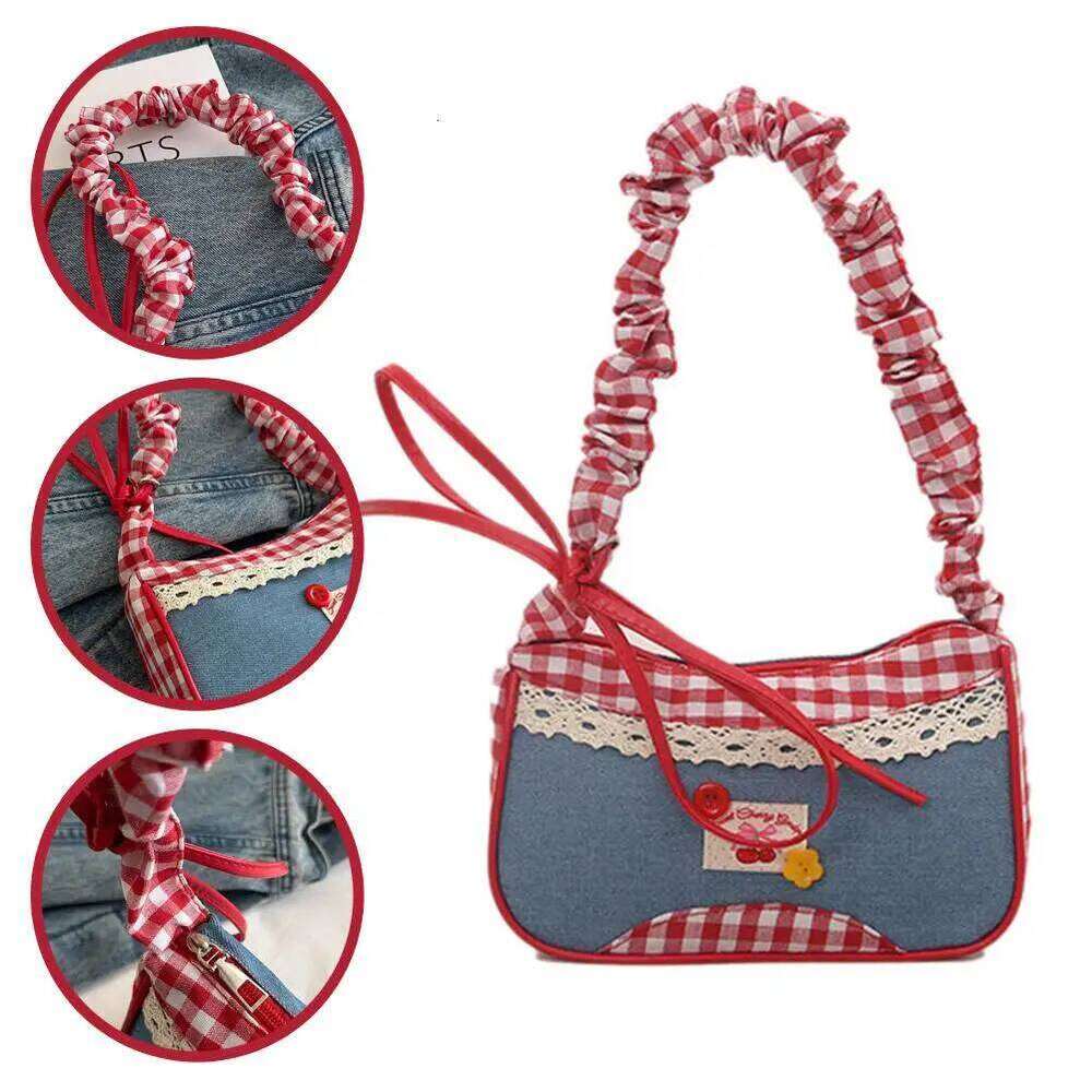 Sac à main en Denim avec nœud doux, joli sac à bandoulière en treillis, Design à cordon plissé, à la mode, pour les déplacements quotidiens, Z260