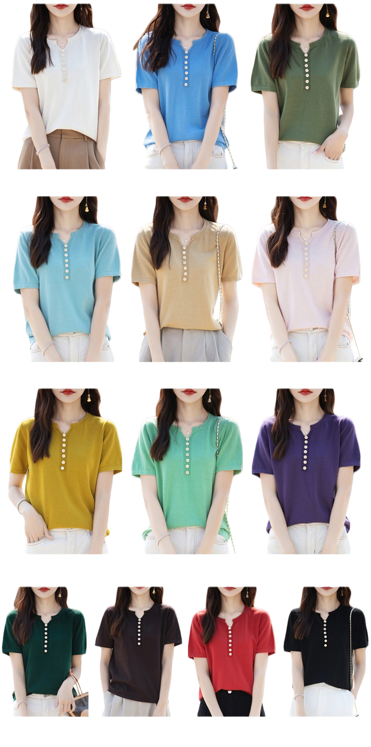2026 New Summer All Cotton V-neck Half Sleeve T-shirt for Women, Loose Solid Color Short Sleeve Knitted Top S-2XL